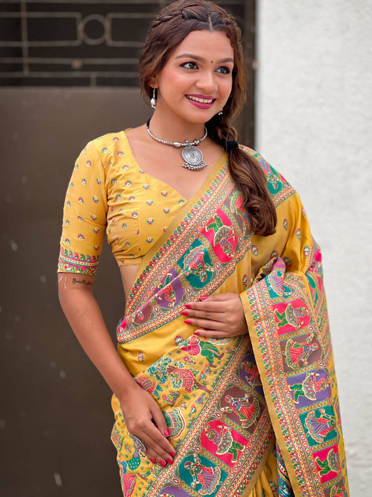 Verdant Yellow Nylon Dola Pashmina Saree With Imaginative Blouse Piece