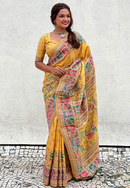 Verdant Yellow Nylon Dola Pashmina Saree With Imaginative Blouse Piece