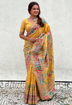 Verdant Yellow Nylon Dola Pashmina Saree With Imaginative Blouse Piece
