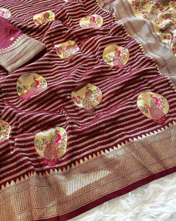Amazing Wine Soft Banarasi Silk Saree With Embrocation Blouse Piece
