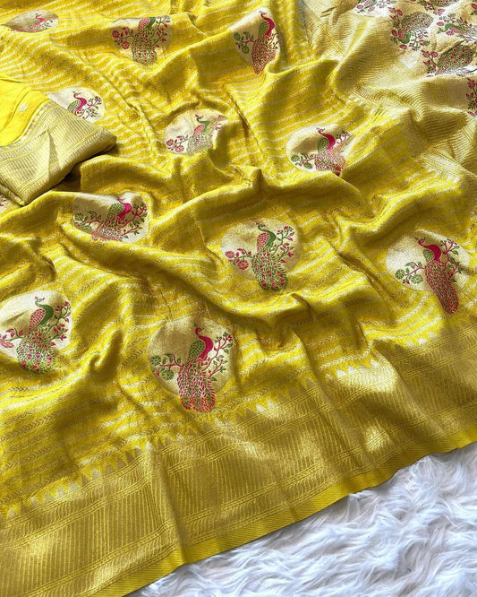 Symmetrical Yellow Soft Banarasi Silk Saree With Sizzling Blouse Piece