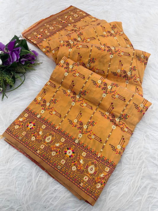 Brood Mustard Nylon Dola Pashmina Saree With Moiety Blouse Piece