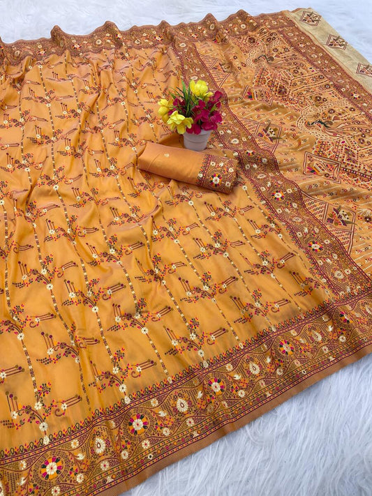 Brood Mustard Nylon Dola Pashmina Saree With Moiety Blouse Piece