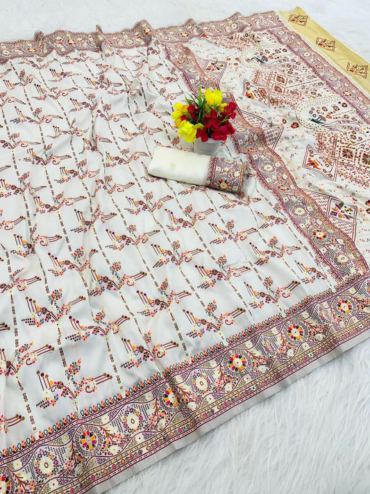Comely Off White Nylon Dola Pashmina Saree With Pretty Blouse Piece