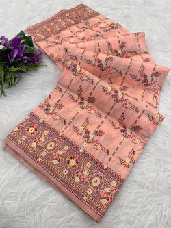 Inimitable Peach Nylon Dola Pashmina Saree With Serendipity Blouse Piece