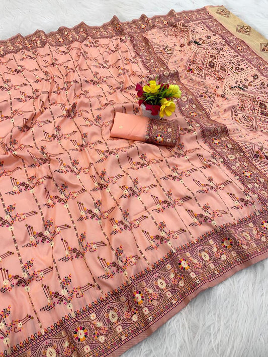 Inimitable Peach Nylon Dola Pashmina Saree With Serendipity Blouse Piece