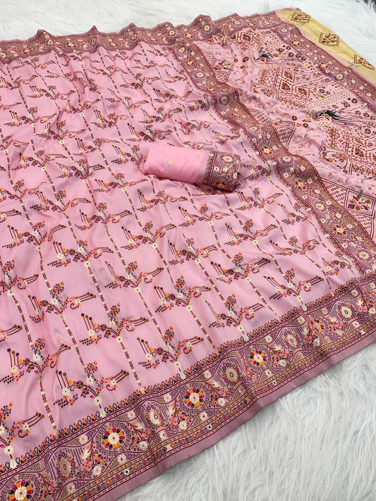 Most Stunning Pink Nylon Dola Pashmina Saree With Scintilla Blouse Piece