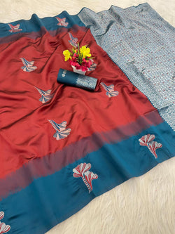 Prettiest Red Soft Silk Saree With Designer Blouse Piece