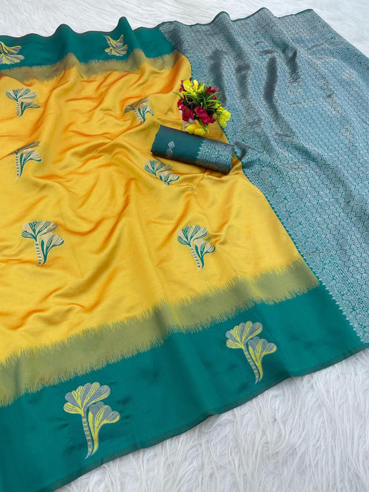 Splendiferous Yellow Soft Silk Saree With Charismatic Blouse Piece
