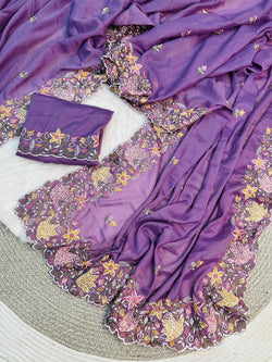 Panache Lavender Embroidery Work Georgette Saree With Cynosure Blouse Piece