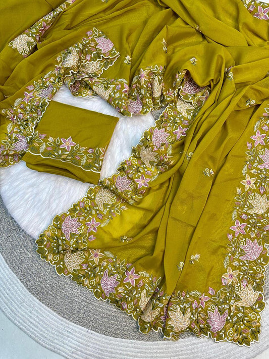 Radiant Mehndi Embroidery Work Georgette Saree With Zephyr Blouse Piece