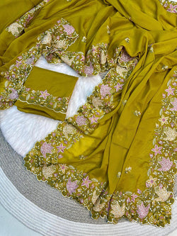Radiant Mehndi Embroidery Work Georgette Saree With Zephyr Blouse Piece