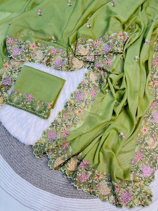 Innovative Pista Embroidery Work Georgette Saree With Elision Blouse Piece