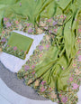 Innovative Pista Embroidery Work Georgette Saree With Elision Blouse Piece