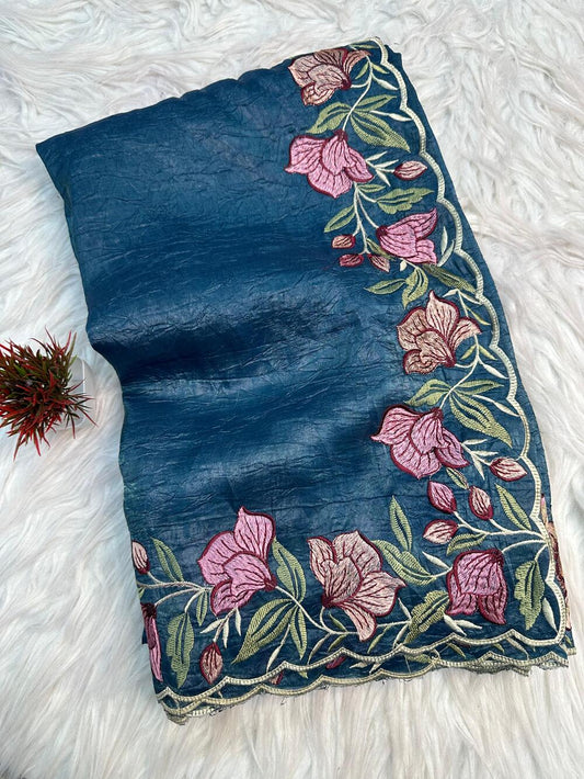 Charming Blue Embroidery Work Crush Silk Saree With Pleasurable Blouse Piece