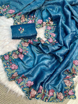 Charming Blue Embroidery Work Crush Silk Saree With Pleasurable Blouse Piece