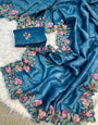 Charming Blue Embroidery Work Crush Silk Saree With Pleasurable Blouse Piece