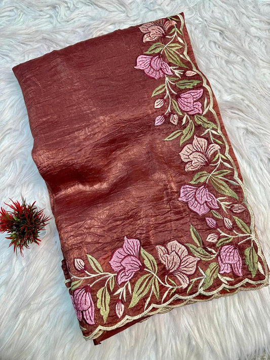 Dulcet Brown Embroidery Work Crush Silk Saree With Refreshing Blouse Piece