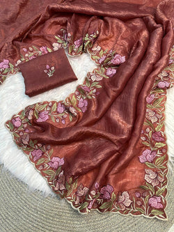 Dulcet Brown Embroidery Work Crush Silk Saree With Refreshing Blouse Piece