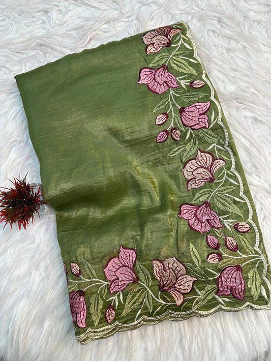 Flameboyant Green Embroidery Work Crush Silk Saree With Murmurous Blouse Piece