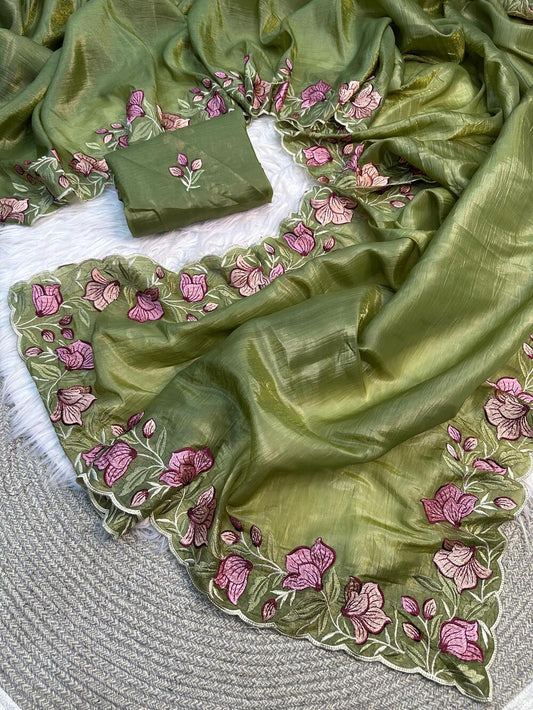 Flameboyant Green Embroidery Work Crush Silk Saree With Murmurous Blouse Piece