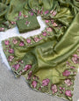Flameboyant Green Embroidery Work Crush Silk Saree With Murmurous Blouse Piece