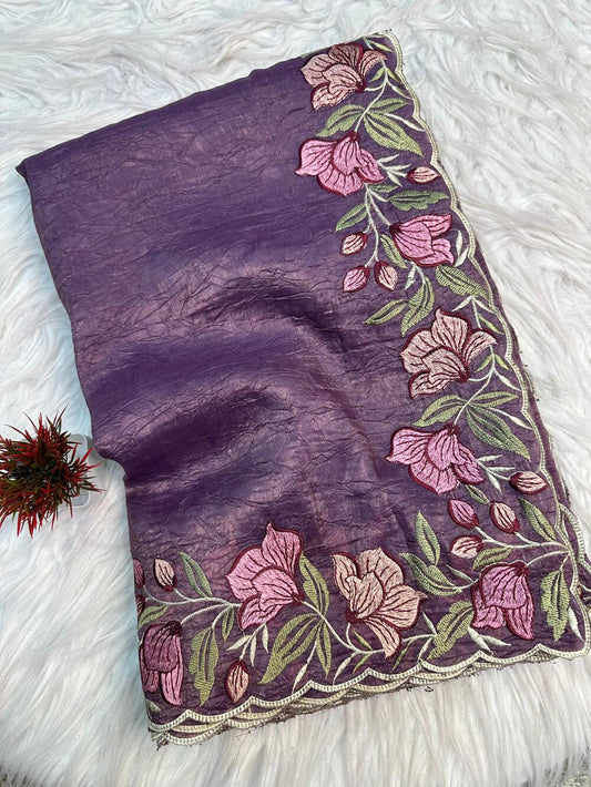 Redolent Lavender Embroidery Work Crush Silk Saree With Deserving Blouse Piece