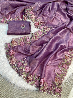 Redolent Lavender Embroidery Work Crush Silk Saree With Deserving Blouse Piece