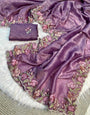 Redolent Lavender Embroidery Work Crush Silk Saree With Deserving Blouse Piece