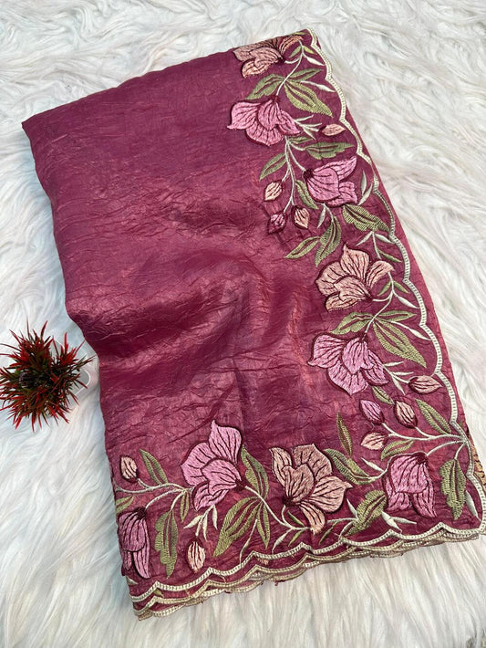 Embellished Pink Embroidery Work Crush Silk Saree With Most Flattering Blouse Piece