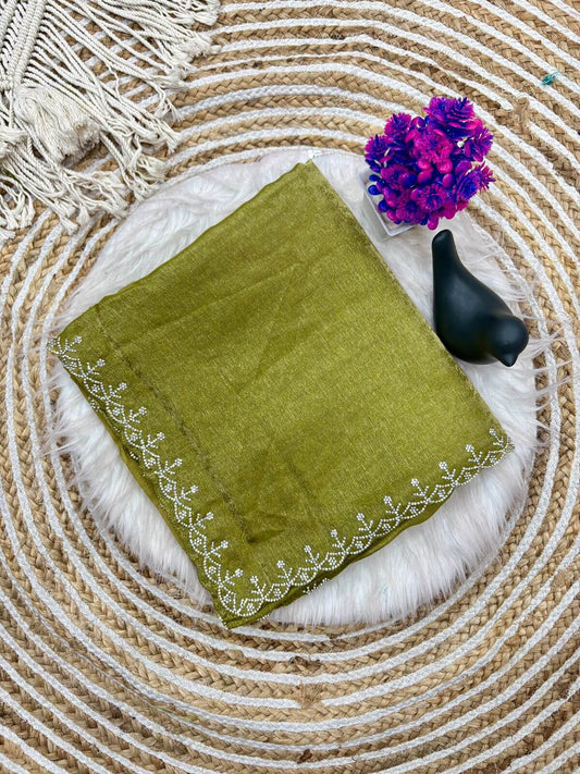 Lovely Green Swarovski Work Fandy Silk Saree With Dazzling Blouse Piece