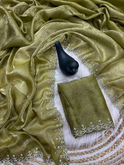 Lovely Green Swarovski Work Fandy Silk Saree With Dazzling Blouse Piece