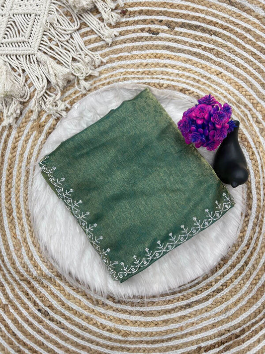 Enigmatic Sea Green Swarovski Work Fandy Silk Saree With Resonant Blouse Piece