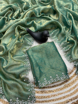 Enigmatic Sea Green Swarovski Work Fandy Silk Saree With Resonant Blouse Piece