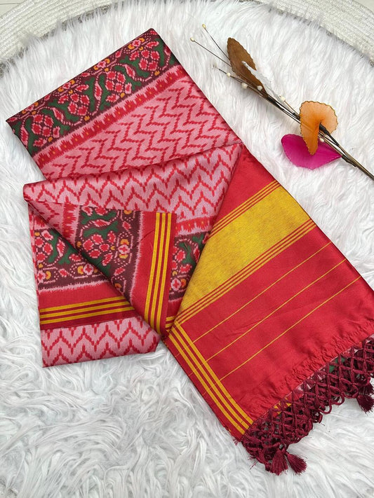 Sensational Pink Ikkat Printed Patola Silk Saree With Fantabulous Blouse Piece