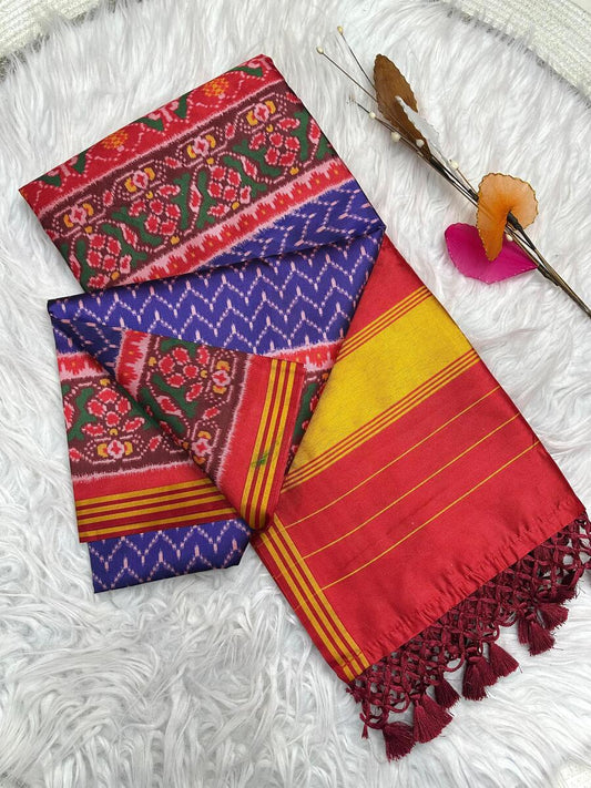 Piquant Royal Blue Ikkat Printed Patola Silk Saree With Glorious Blouse Piece