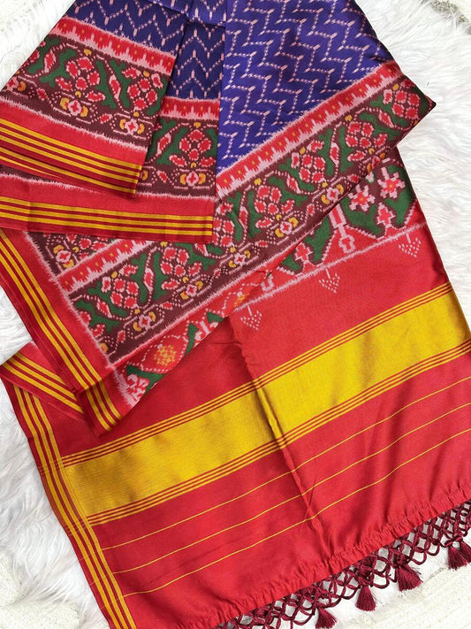 Piquant Royal Blue Ikkat Printed Patola Silk Saree With Glorious Blouse Piece