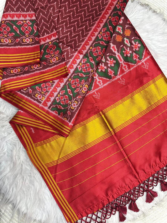 Fragrant Wine Ikkat Printed Patola Silk Saree With Grandiose Blouse Piece