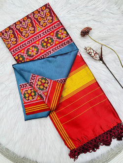 Posh Firozi Ikkat Printed Patola Silk Saree With Whimsical Blouse Piece