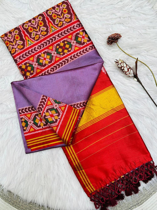Blissful Lavender Ikkat Printed Patola Silk Saree With Desirable Blouse Piece