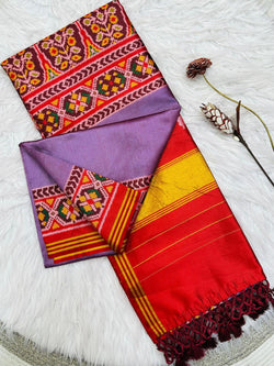 Blissful Lavender Ikkat Printed Patola Silk Saree With Desirable Blouse Piece