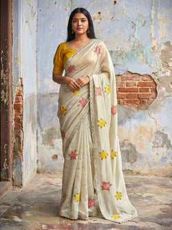 Mesmerising Beige Embroidery Work Viscose Saree With Most Enchanting Blouse Piece
