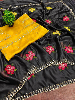 Staggering Black Embroidery Work Viscose Saree With Super extravagant Blouse Piece