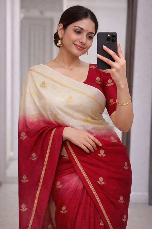 Embellished Beige and Maroon Banarasi Khadi Silk Saree With Nectarous Blouse Piece