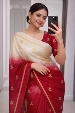 Embellished Beige and Maroon Banarasi Khadi Silk Saree With Nectarous Blouse Piece