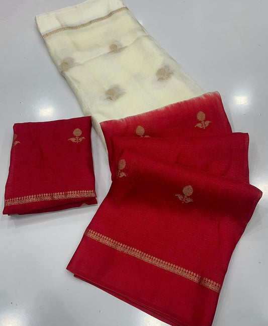 Embellished Beige and Maroon Banarasi Khadi Silk Saree With Nectarous Blouse Piece