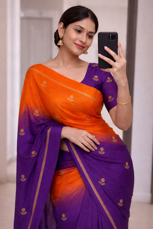 Dazzling Orange and Purple Banarasi Khadi Silk Saree With Flamboyant Blouse Piece