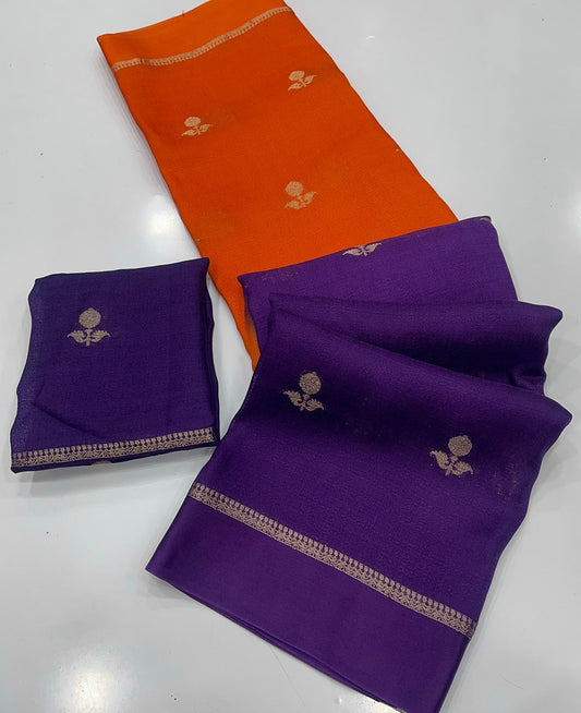 Dazzling Orange and Purple Banarasi Khadi Silk Saree With Flamboyant Blouse Piece