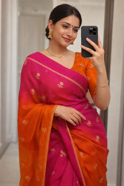 Demure Pink and Orange Banarasi Khadi Silk Saree With Flaunt Blouse Piece