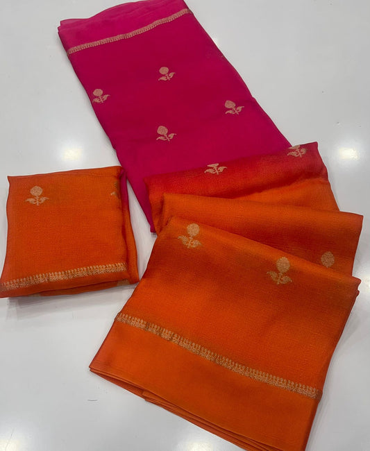 Demure Pink and Orange Banarasi Khadi Silk Saree With Flaunt Blouse Piece
